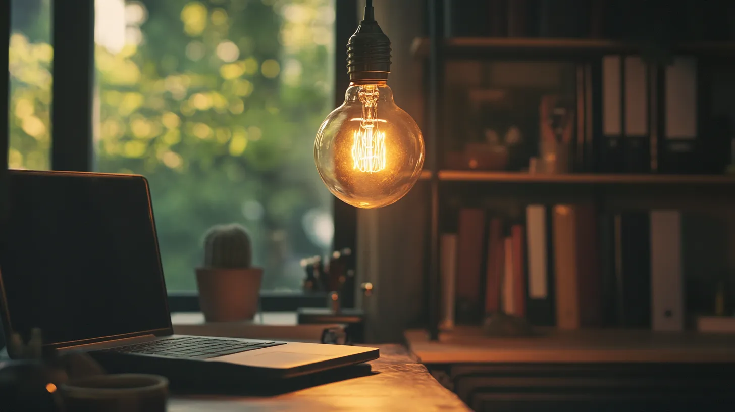 Bright workspace with a laptop and open notebook on a wooden desk